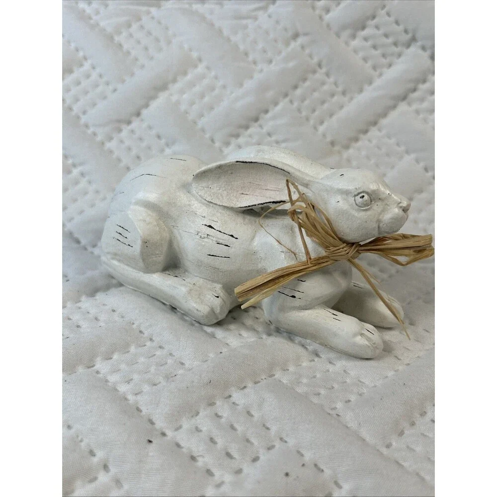 Resting Bunny Rabbit Easter Decor Statue Faux Wood Look Resin Farmhouse Country